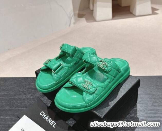 Purchase Chanel Quilted Lambskin Strap Flat Slides Sandal with Chain CC Green 601041