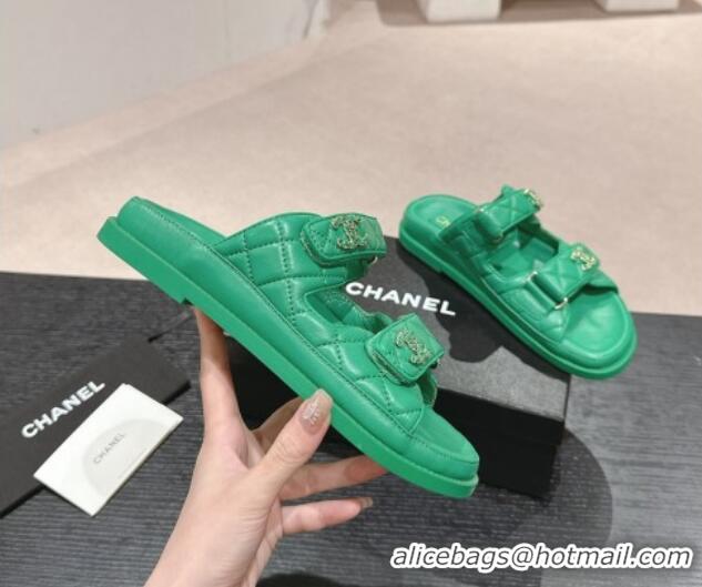 Purchase Chanel Quilted Lambskin Strap Flat Slides Sandal with Chain CC Green 601041