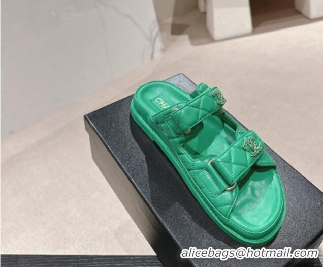 Purchase Chanel Quilted Lambskin Strap Flat Slides Sandal with Chain CC Green 601041