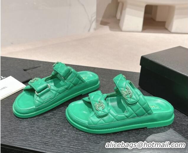 Purchase Chanel Quilted Lambskin Strap Flat Slides Sandal with Chain CC Green 601041