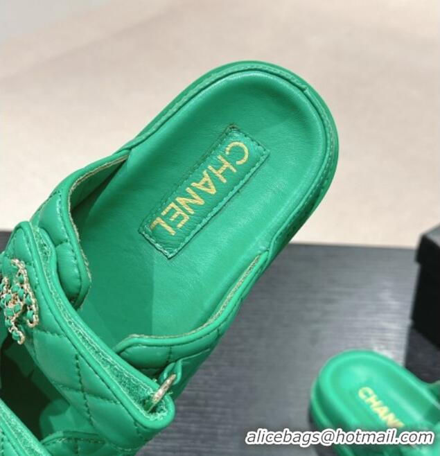 Purchase Chanel Quilted Lambskin Strap Flat Slides Sandal with Chain CC Green 601041