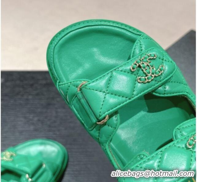 Purchase Chanel Quilted Lambskin Strap Flat Slides Sandal with Chain CC Green 601041