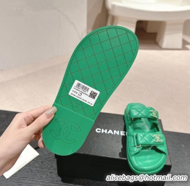 Purchase Chanel Quilted Lambskin Strap Flat Slides Sandal with Chain CC Green 601041