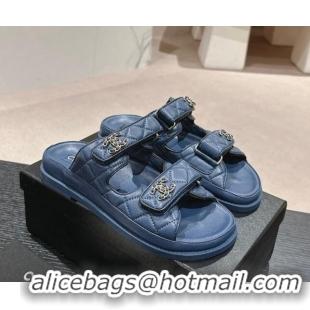 Good Quality Chanel Quilted Lambskin Strap Flat Slides Sandal with Chain CC Navy Blue 01042