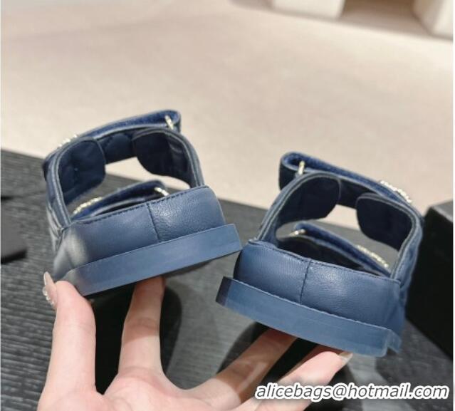 Good Quality Chanel Quilted Lambskin Strap Flat Slides Sandal with Chain CC Navy Blue 01042