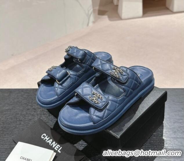 Good Quality Chanel Quilted Lambskin Strap Flat Slides Sandal with Chain CC Navy Blue 01042