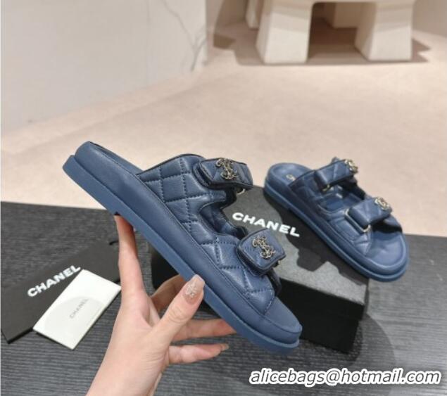 Good Quality Chanel Quilted Lambskin Strap Flat Slides Sandal with Chain CC Navy Blue 01042