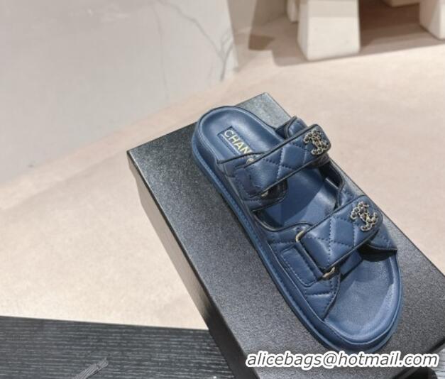 Good Quality Chanel Quilted Lambskin Strap Flat Slides Sandal with Chain CC Navy Blue 01042