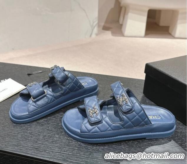 Good Quality Chanel Quilted Lambskin Strap Flat Slides Sandal with Chain CC Navy Blue 01042