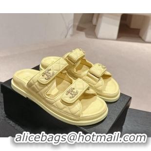 Stylish Chanel Quilted Lambskin Strap Flat Slides Sandal with Chain CC Yellow 601043