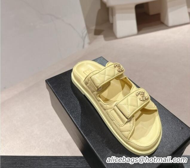 Stylish Chanel Quilted Lambskin Strap Flat Slides Sandal with Chain CC Yellow 601043