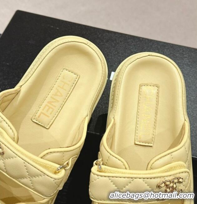 Stylish Chanel Quilted Lambskin Strap Flat Slides Sandal with Chain CC Yellow 601043