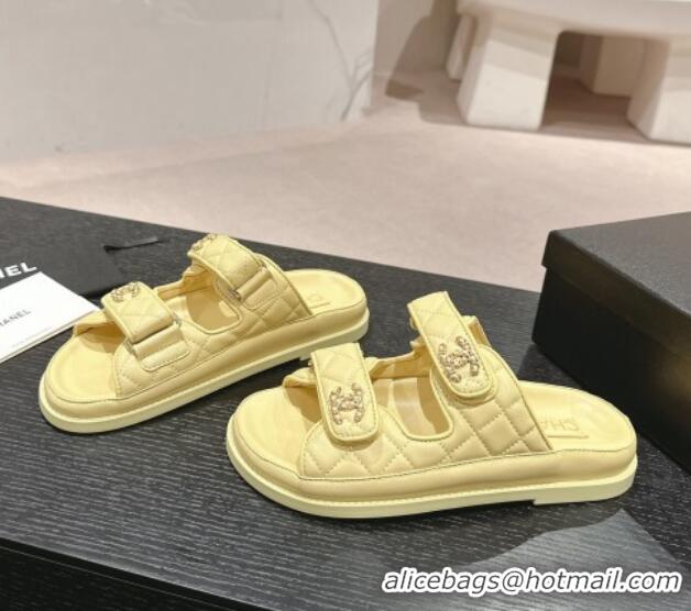 Stylish Chanel Quilted Lambskin Strap Flat Slides Sandal with Chain CC Yellow 601043