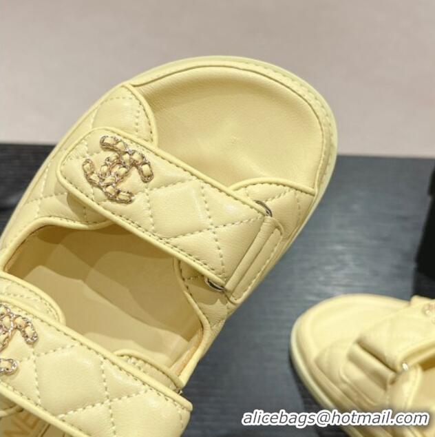 Stylish Chanel Quilted Lambskin Strap Flat Slides Sandal with Chain CC Yellow 601043