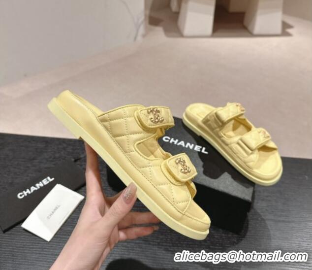 Stylish Chanel Quilted Lambskin Strap Flat Slides Sandal with Chain CC Yellow 601043