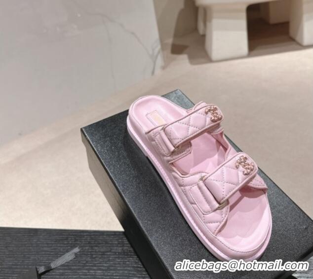 Classic Hot Chanel Quilted Lambskin Strap Flat Slides Sandal with Chain CC Light Pink 601044