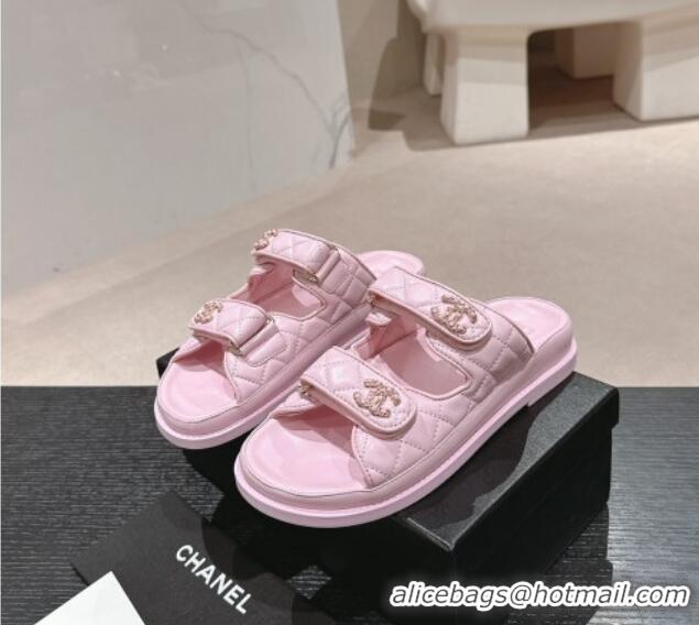 Classic Hot Chanel Quilted Lambskin Strap Flat Slides Sandal with Chain CC Light Pink 601044