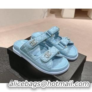 Modern Chanel Quilted Lambskin Strap Flat Slides Sandal with Chain CC Light Blue 01045