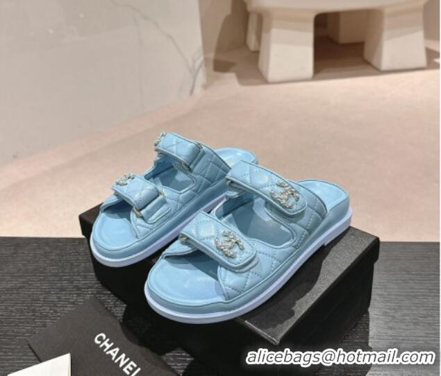 Modern Chanel Quilted Lambskin Strap Flat Slides Sandal with Chain CC Light Blue 01045