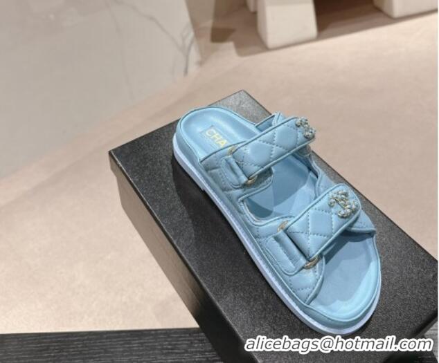 Modern Chanel Quilted Lambskin Strap Flat Slides Sandal with Chain CC Light Blue 01045