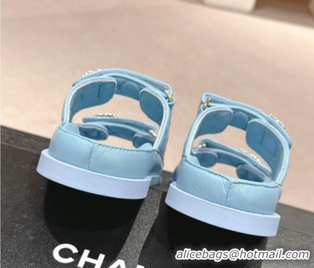 Modern Chanel Quilted Lambskin Strap Flat Slides Sandal with Chain CC Light Blue 01045