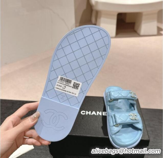 Modern Chanel Quilted Lambskin Strap Flat Slides Sandal with Chain CC Light Blue 01045