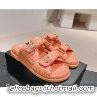 Grade Quality Chanel Quilted Lambskin Strap Flat Slides Sandal with Chain CC Peachy Pink 01047