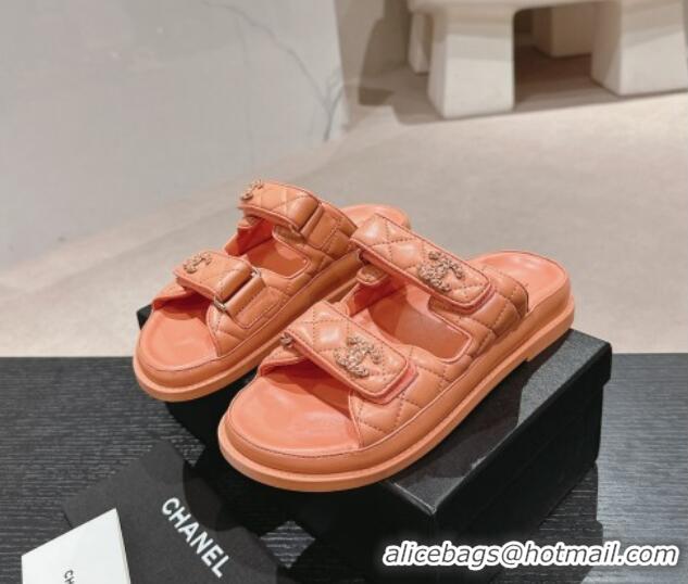 Grade Quality Chanel Quilted Lambskin Strap Flat Slides Sandal with Chain CC Peachy Pink 01047