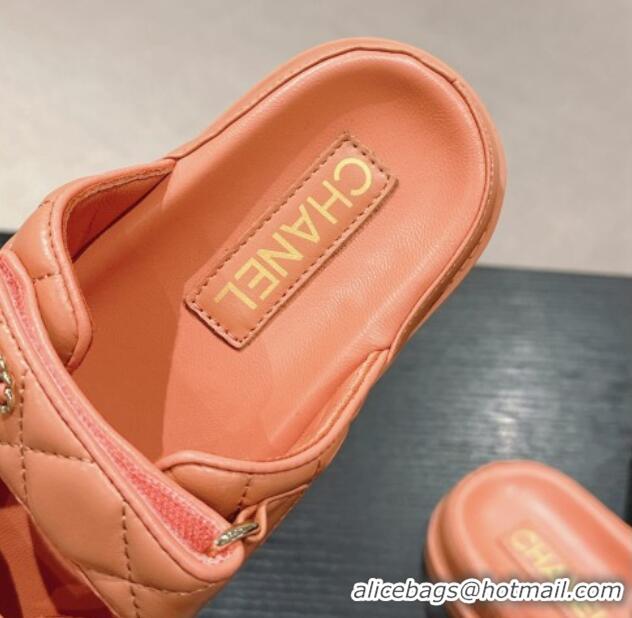 Grade Quality Chanel Quilted Lambskin Strap Flat Slides Sandal with Chain CC Peachy Pink 01047