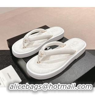 Low Price Chanel Lambskin Thong Flat Slides Sandal with CC Patch White 601048