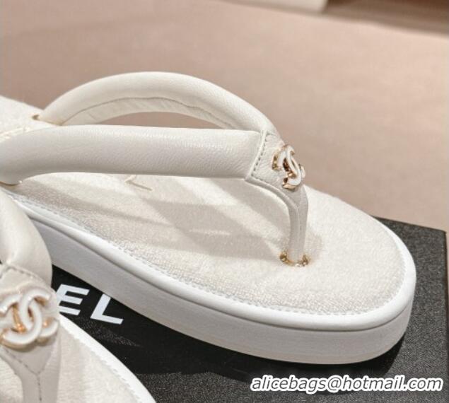 Low Price Chanel Lambskin Thong Flat Slides Sandal with CC Patch White 601048