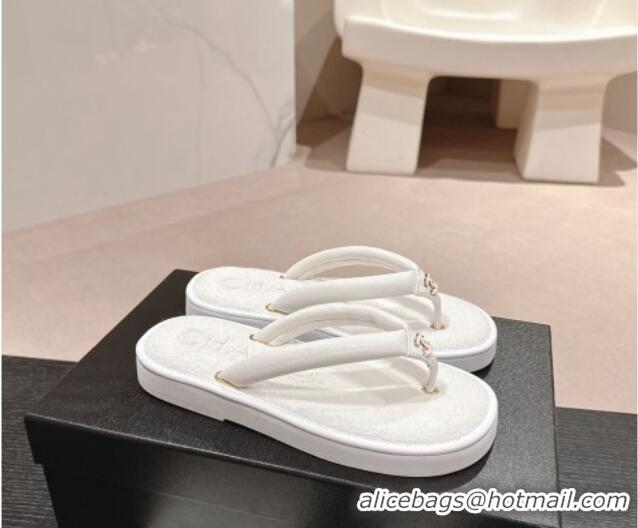 Low Price Chanel Lambskin Thong Flat Slides Sandal with CC Patch White 601048