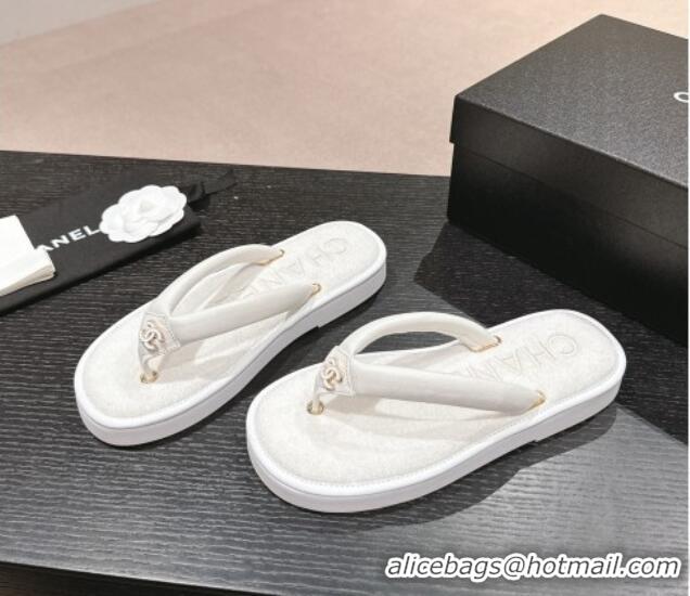 Low Price Chanel Lambskin Thong Flat Slides Sandal with CC Patch White 601048