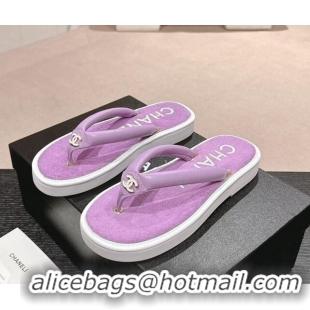 Top Grade Chanel Lambskin Thong Flat Slides Sandal with CC Patch Purple 601049