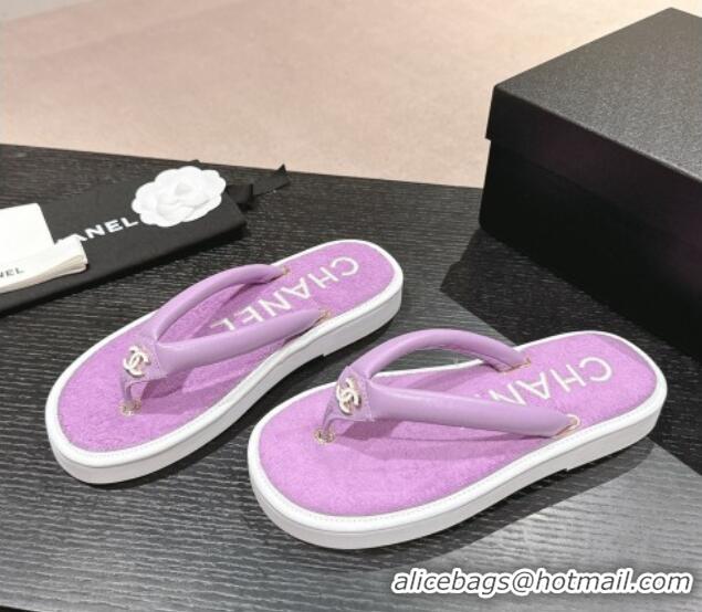 Top Grade Chanel Lambskin Thong Flat Slides Sandal with CC Patch Purple 601049