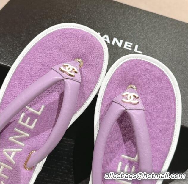 Top Grade Chanel Lambskin Thong Flat Slides Sandal with CC Patch Purple 601049