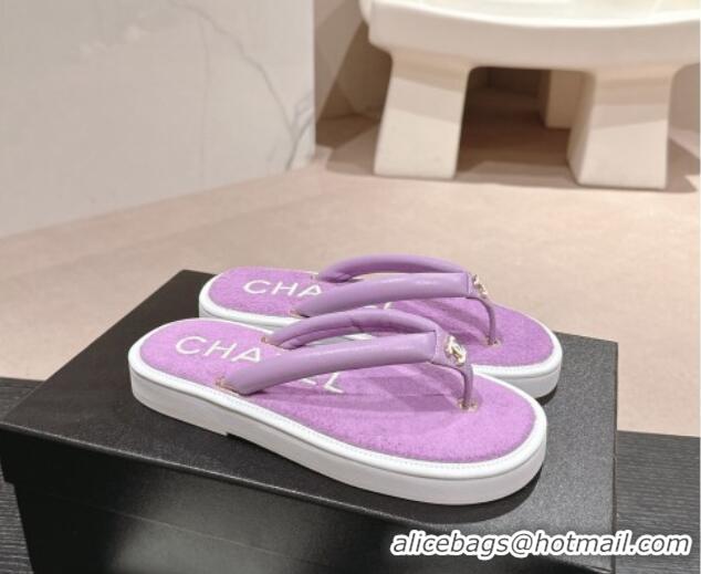 Top Grade Chanel Lambskin Thong Flat Slides Sandal with CC Patch Purple 601049