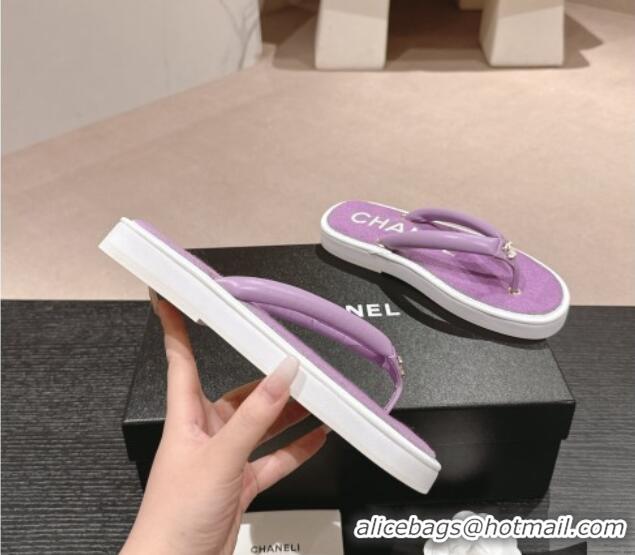 Top Grade Chanel Lambskin Thong Flat Slides Sandal with CC Patch Purple 601049