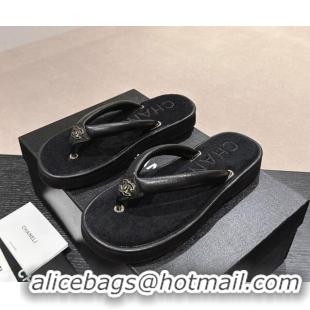 Good Looking Chanel Lambskin Thong Flat Slides Sandal with CC Patch Black 601050