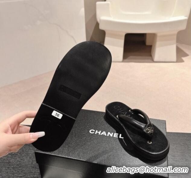 Good Looking Chanel Lambskin Thong Flat Slides Sandal with CC Patch Black 601050