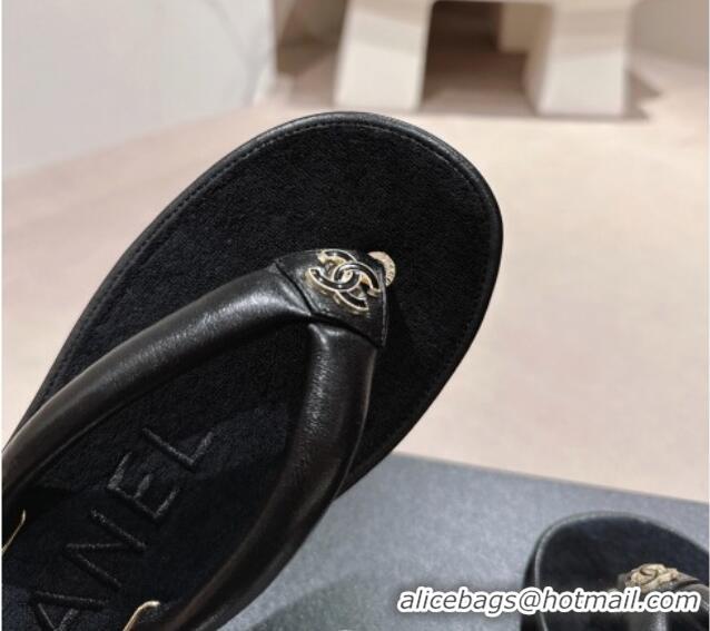 Good Looking Chanel Lambskin Thong Flat Slides Sandal with CC Patch Black 601050