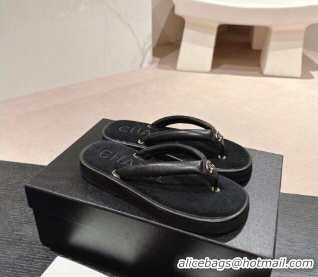 Good Looking Chanel Lambskin Thong Flat Slides Sandal with CC Patch Black 601050