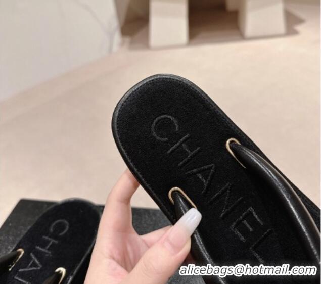 Good Looking Chanel Lambskin Thong Flat Slides Sandal with CC Patch Black 601050