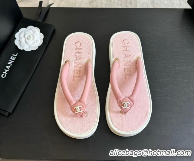 Popular Style Chanel Lambskin Thong Flat Slides Sandal with CC Patch Light Pink 601051