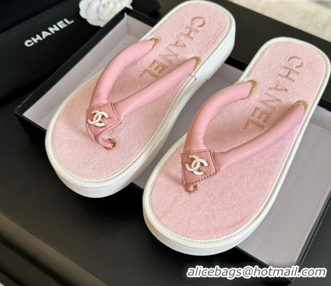 Popular Style Chanel Lambskin Thong Flat Slides Sandal with CC Patch Light Pink 601051