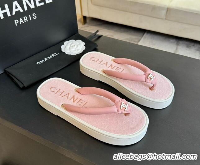 Popular Style Chanel Lambskin Thong Flat Slides Sandal with CC Patch Light Pink 601051