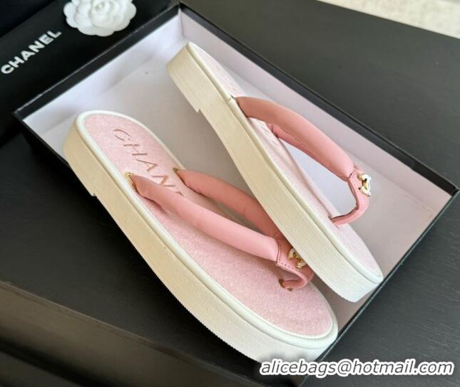 Popular Style Chanel Lambskin Thong Flat Slides Sandal with CC Patch Light Pink 601051