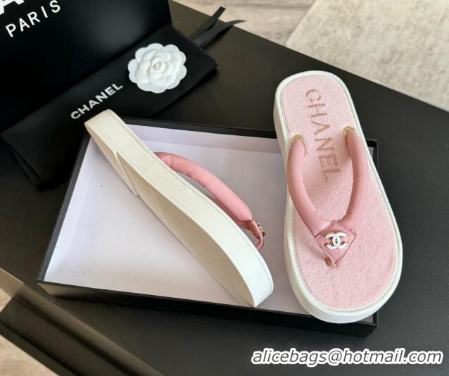 Popular Style Chanel Lambskin Thong Flat Slides Sandal with CC Patch Light Pink 601051