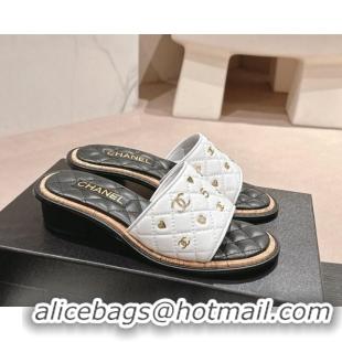 Good Quality Chanel Lambskin Heel Slides Sandal 4cm with Logo Charm White 601052