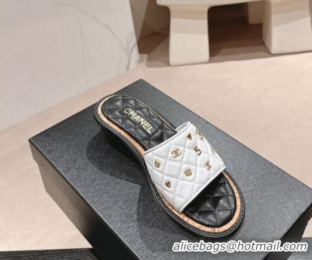 Good Quality Chanel Lambskin Heel Slides Sandal 4cm with Logo Charm White 601052